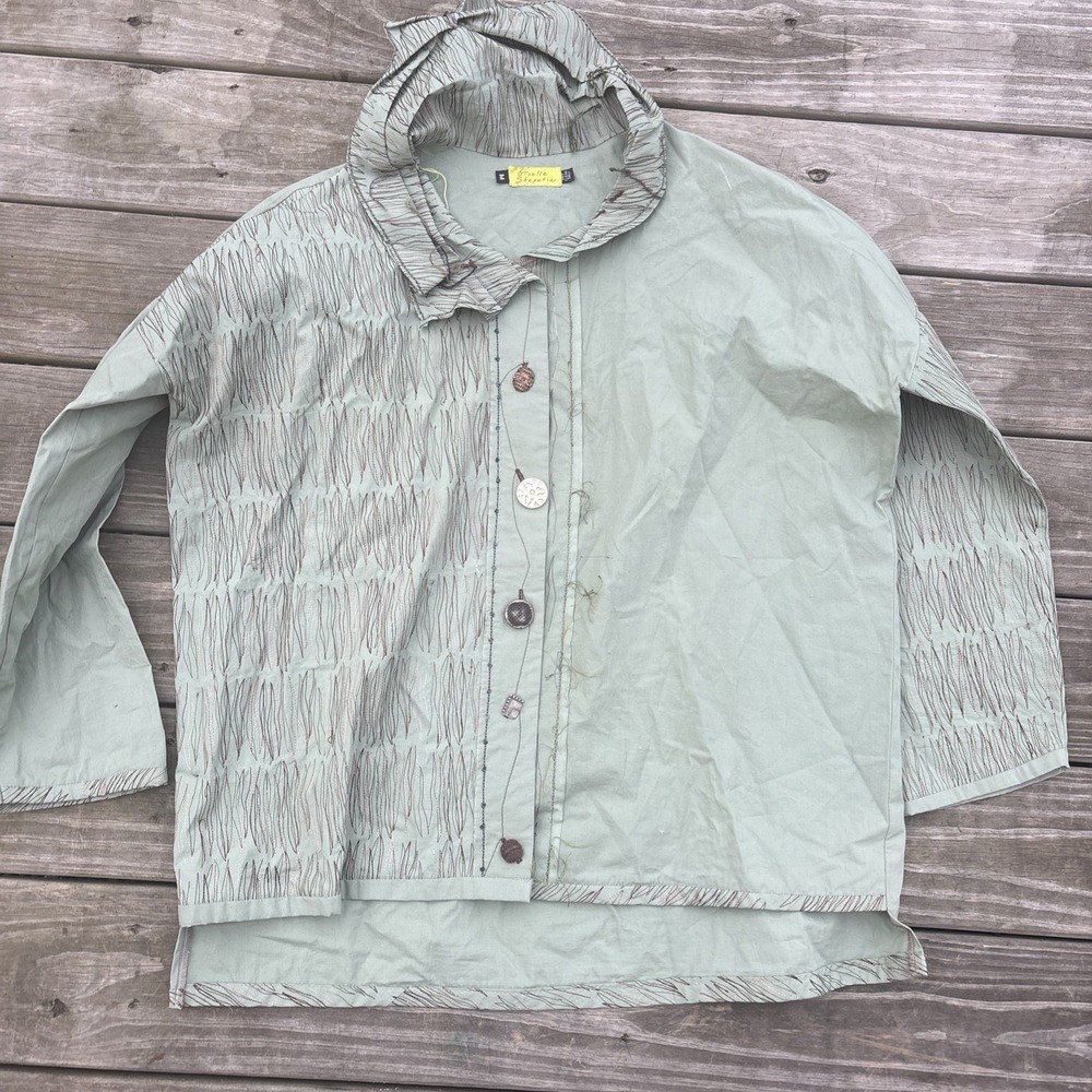 Giselle Shepatin Womens Bohemian Button Blouse Size  Medium Top Art Green